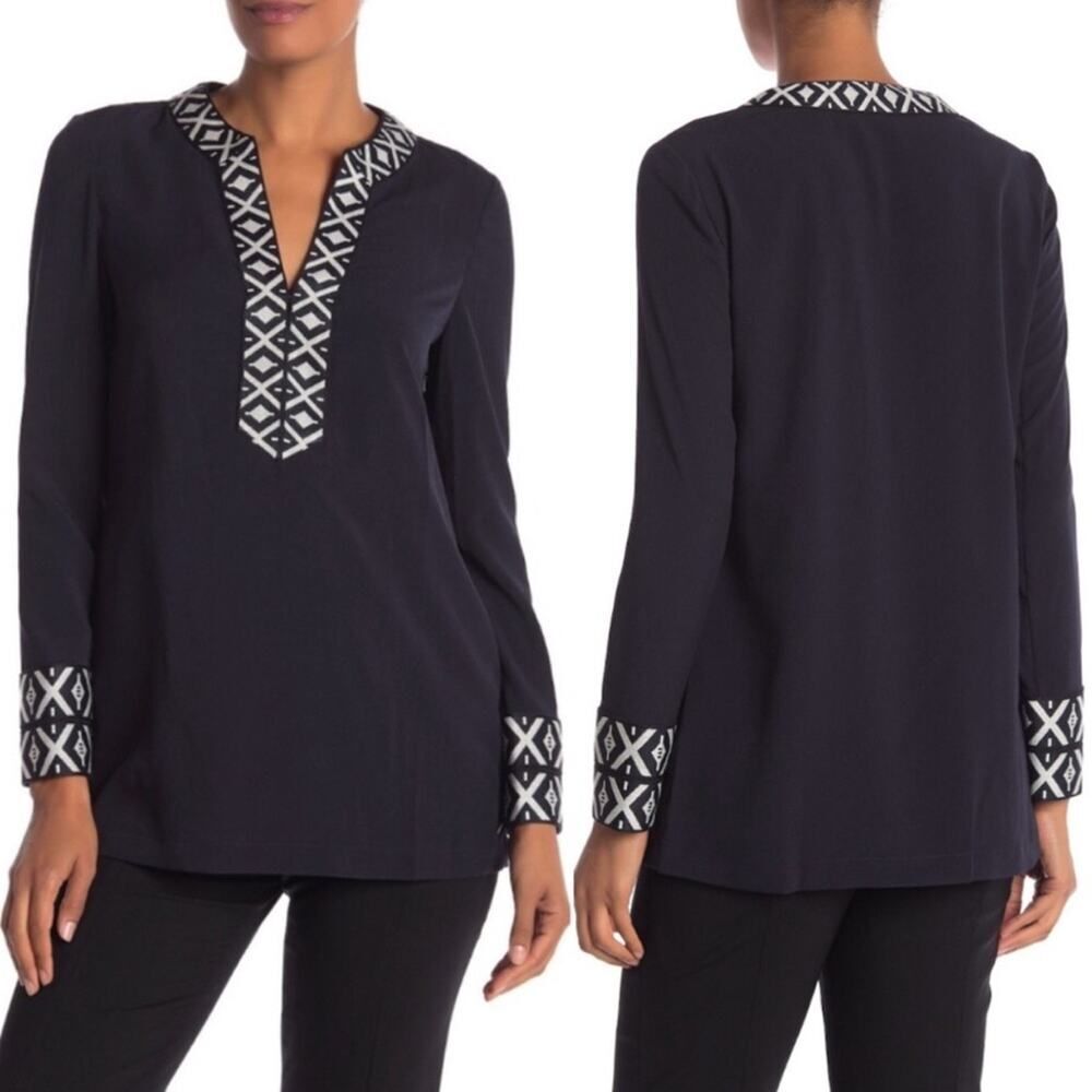Tory Burch Navy Blue Embroidered Tunic Top